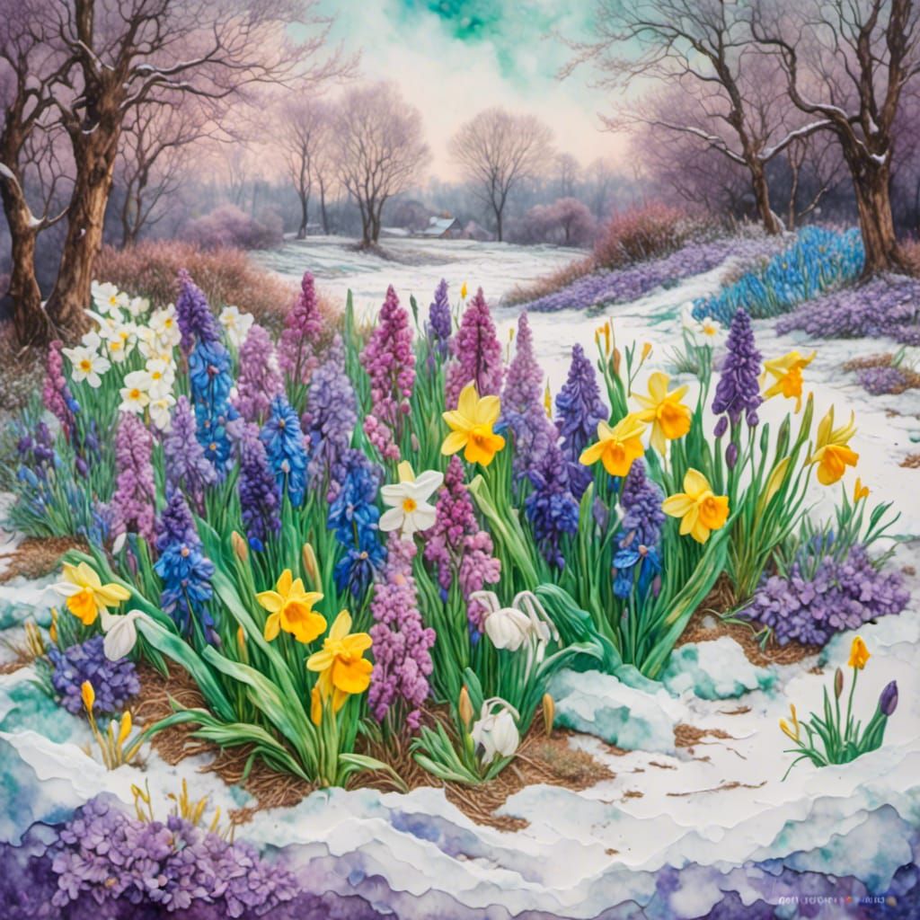 Spring Flowers Bloom Through Snow: Watercolor Style
