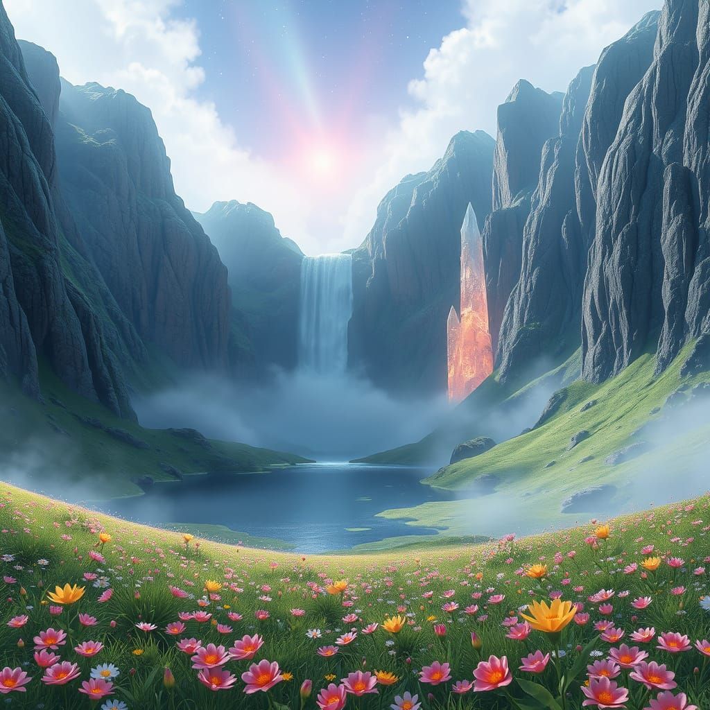 Luminous Crystals in Meadow, 3D Anime Style