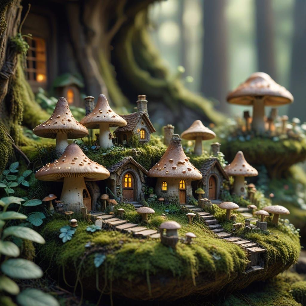 Mushroom Village: Photorealistic Macro Photography of Tiny H...