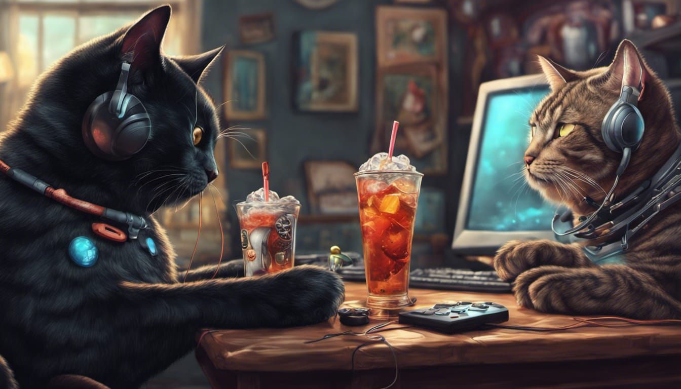 Cats Playing Computer Games in Detailed Matte Painting