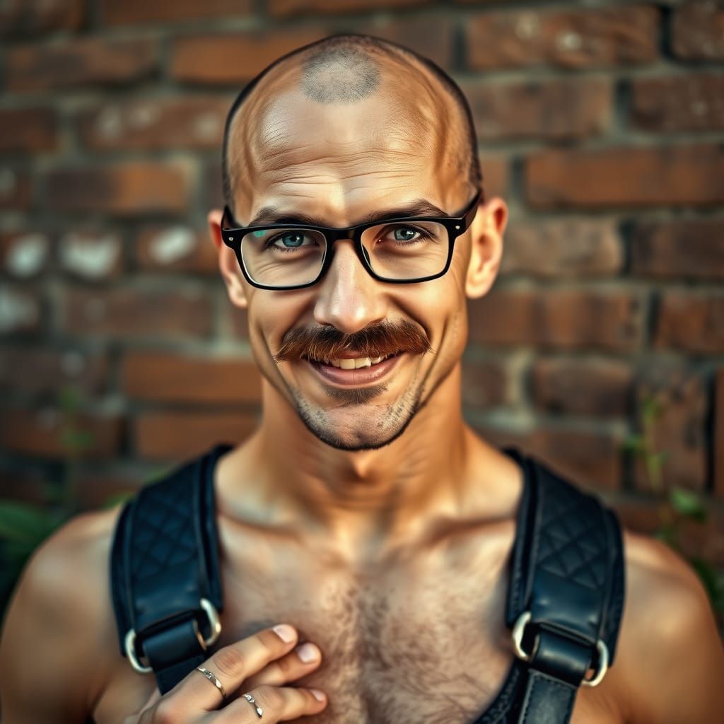 Bald Man with Harness Portrait in Photorealistic Style