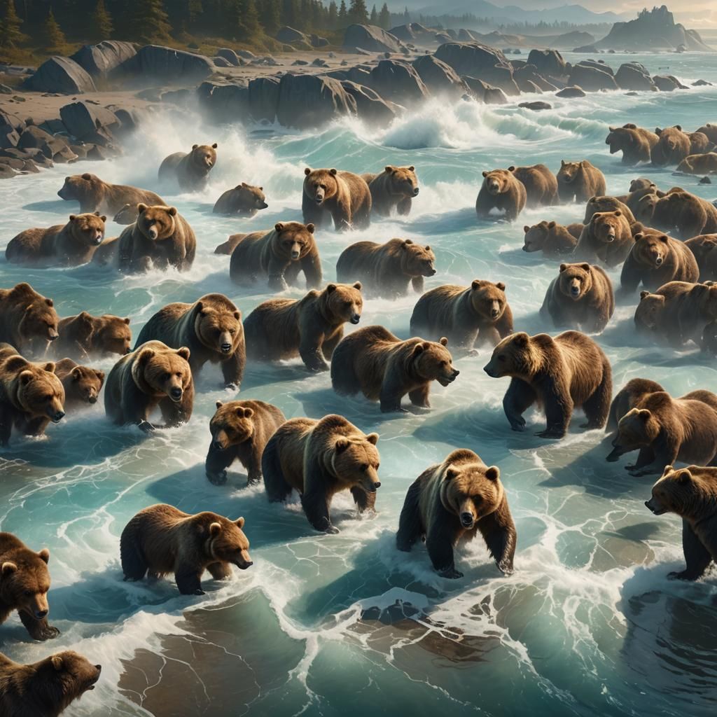 Giant Grizzlies Swarming Misty Shoreline in Fantasy Style