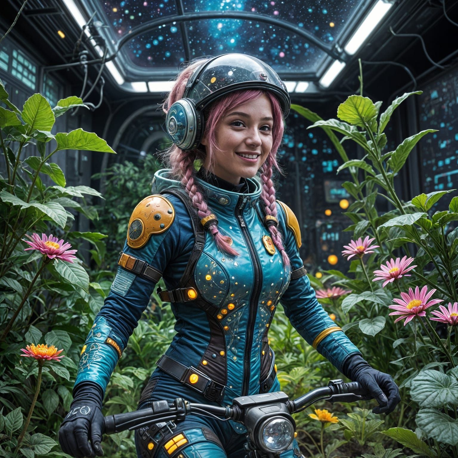 Space Botanist with Glowing Plants and Dragonfly Scooter
