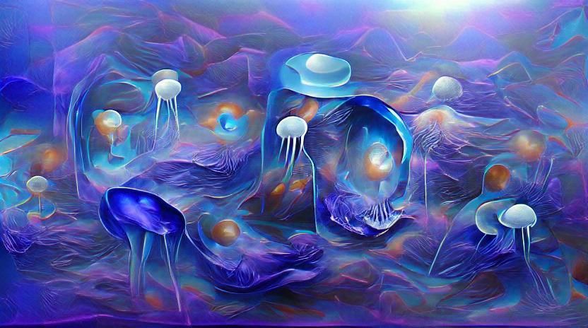 Surreal Jellyfish and Mushrooms in Mixed Media Style