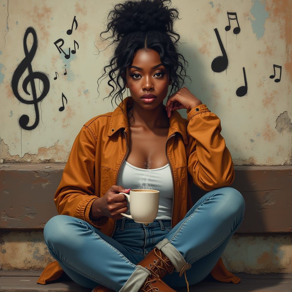 African American Woman with Coffee, Hyperrealistic Style