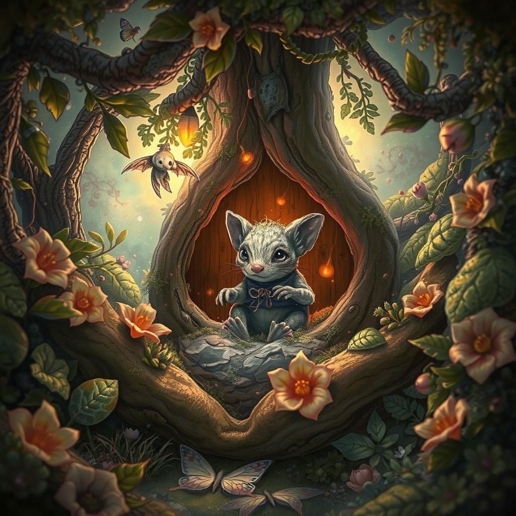 Whimsical Creature in Mossy Home, Faerie Art Style