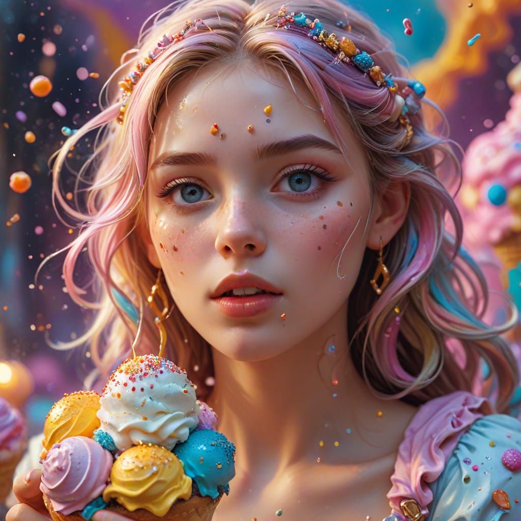 Girl Eating Ice Cream Cake in Whimsical Land