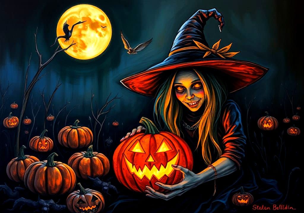 Blacklight Expressionist Witch Familiar in Pumpkin Patch