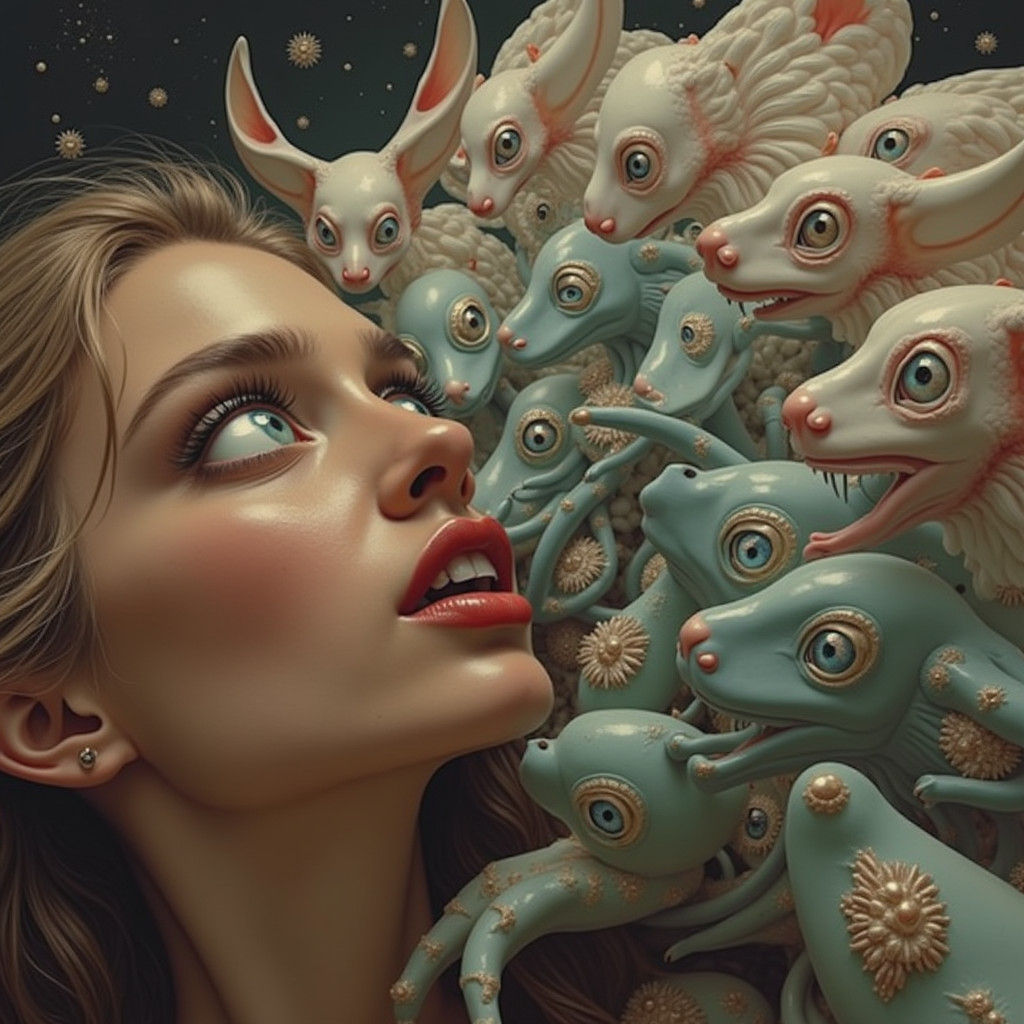 Surreal Gathering: Bizarre Creatures in Sumptuous Hotel