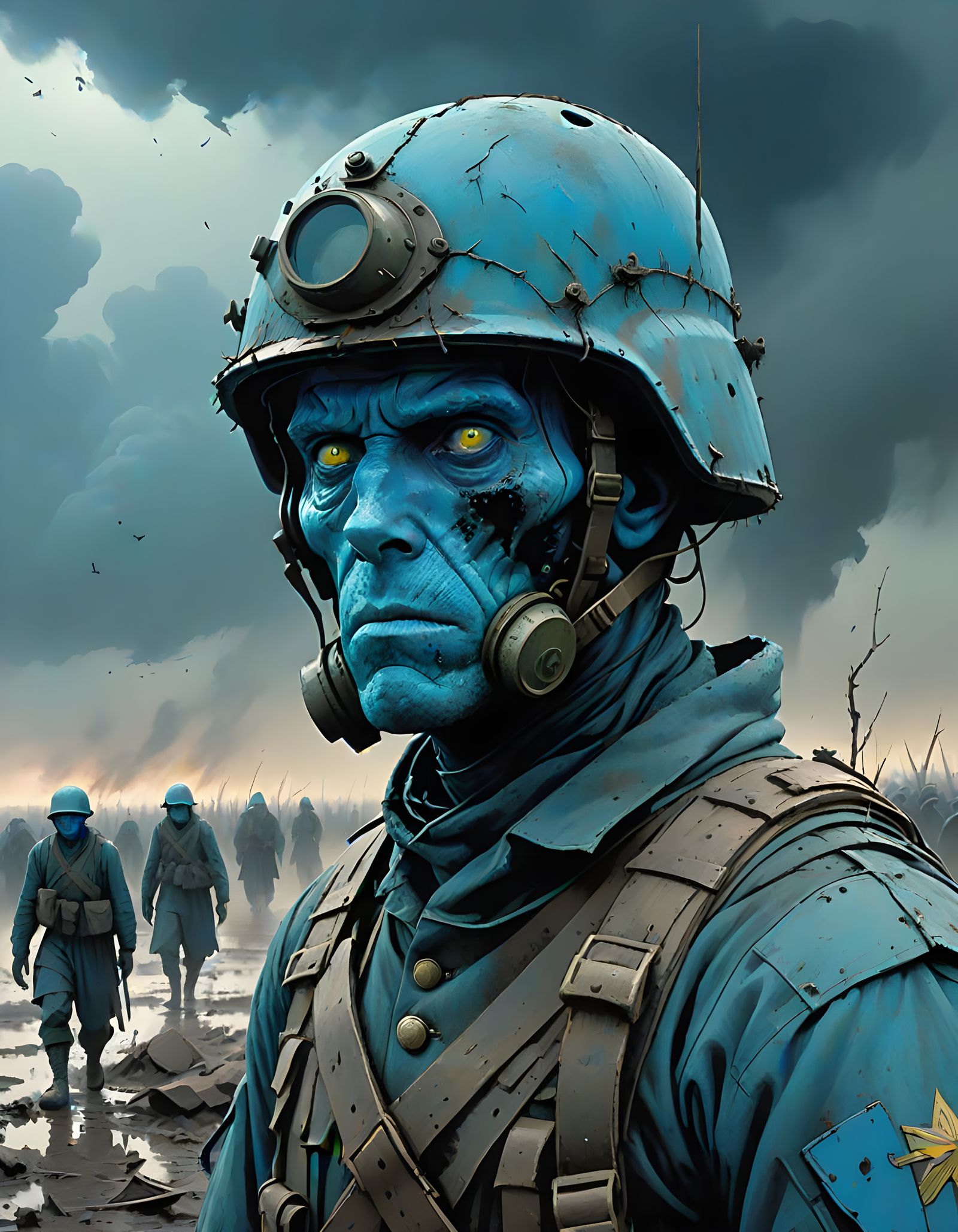 War-Weary Blue Skinned Soldier in a Desolate Battlefield