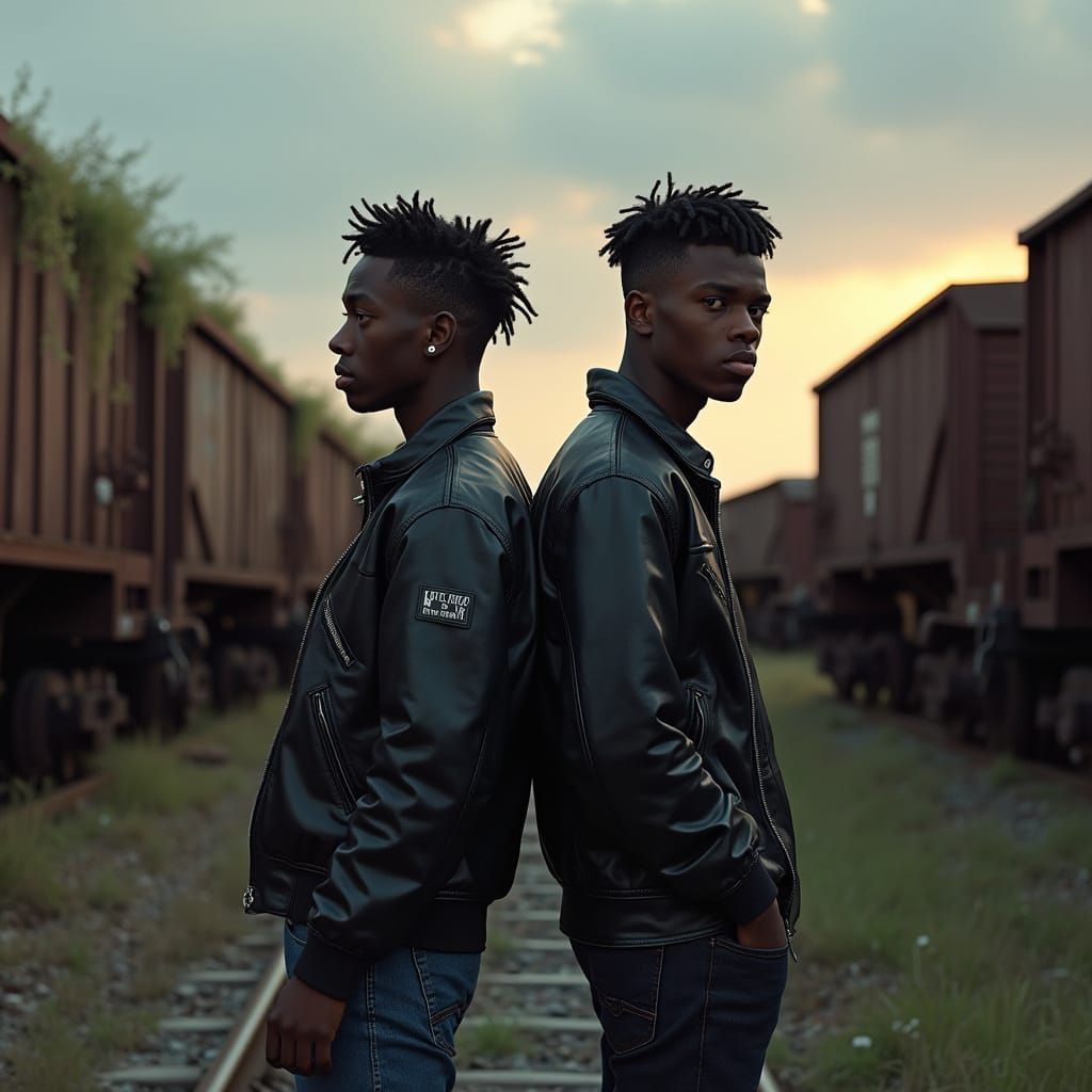 Hyperrealistic Portrait of Two Men in Abandoned Rail Yard