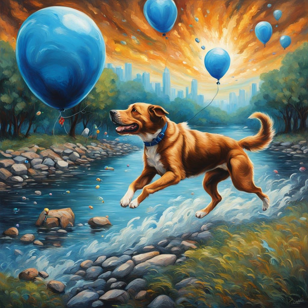 Dog Chasing Blue Balloon by River in Scratchy Oil Painting S...