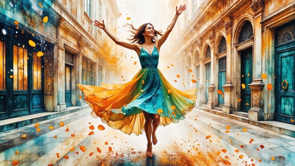 Joyful Woman Dancing in Rain: Watercolour and Ink Sketch