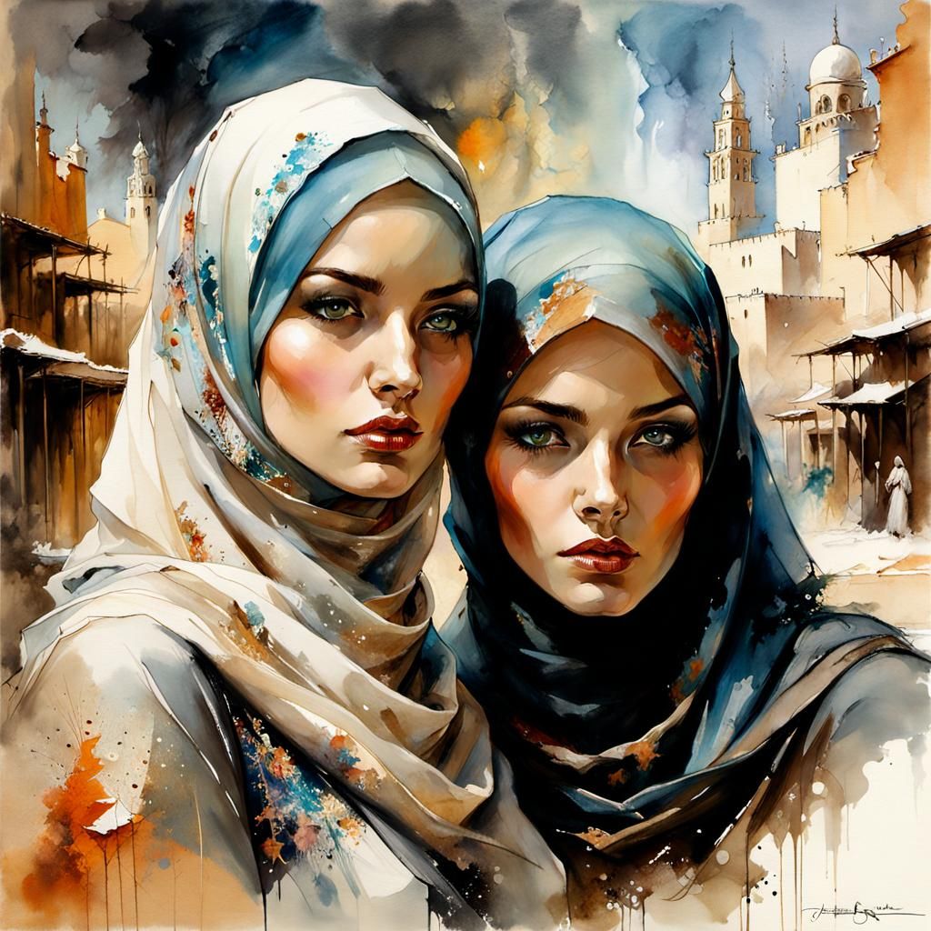 Beautiful Women in Oasis: Digital Watercolor Illustration