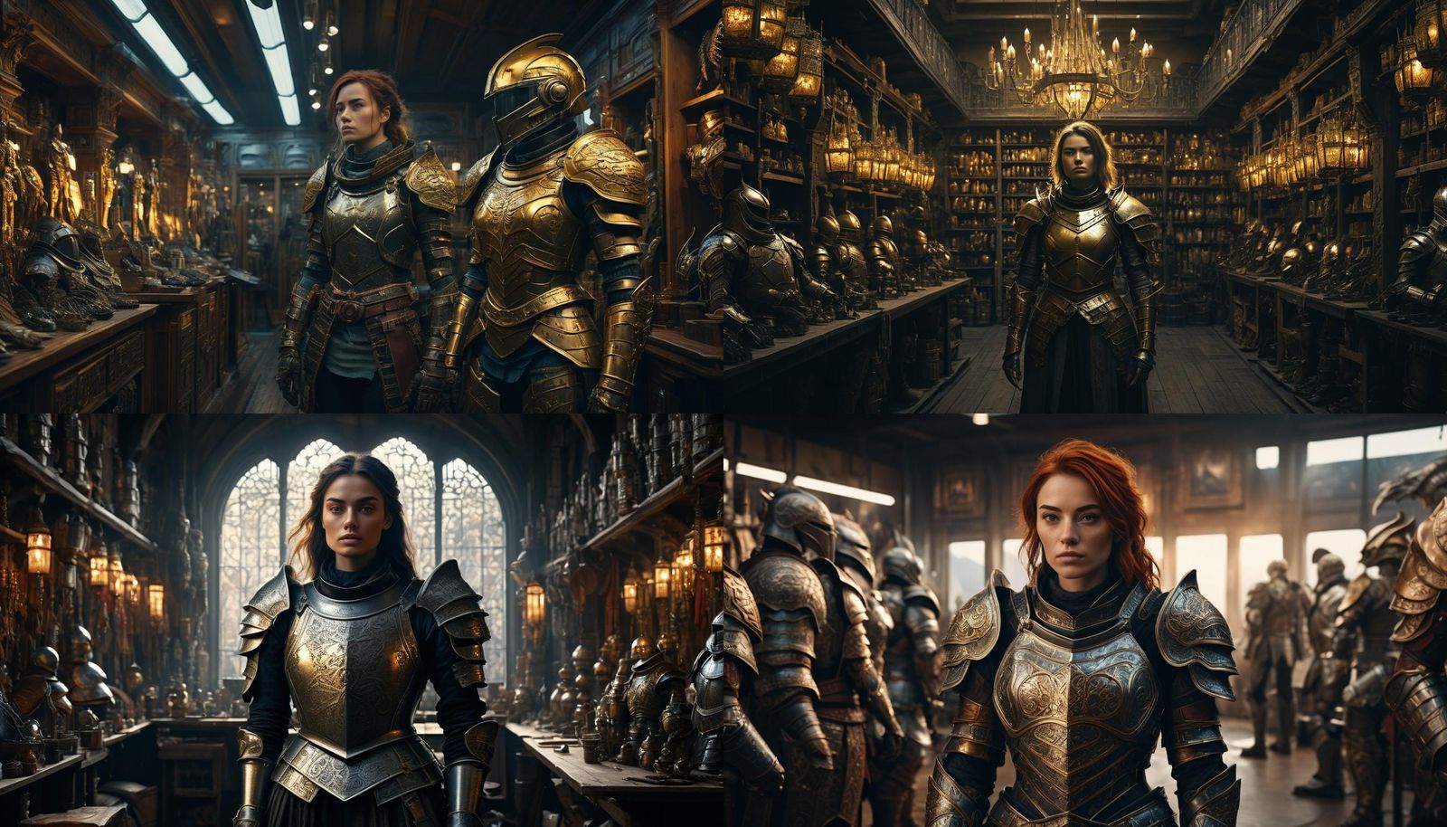 Woman Tries on Armor in Armor Shop: Digital Painting