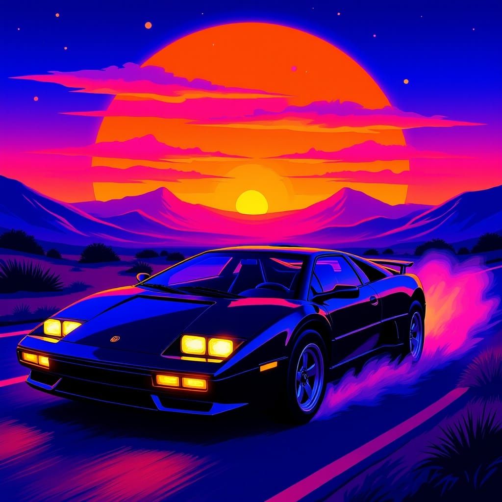 Neon Sports Car at Synthwave Desert Sunset