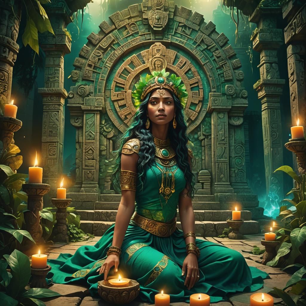 Goddess of Life in Mayan Temple: Surrealist Art