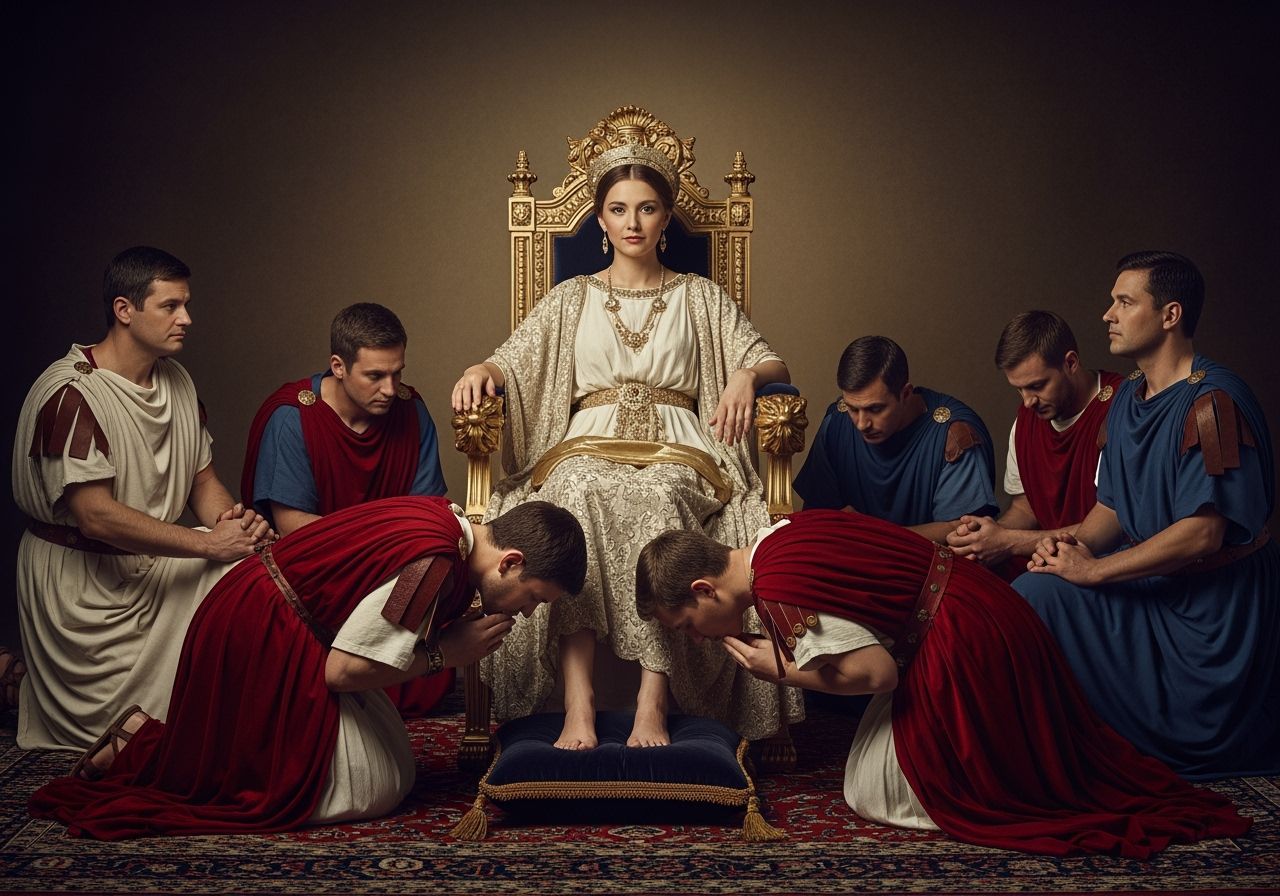 Barefoot Roman Empress on Gold Throne, Photorealistic Style