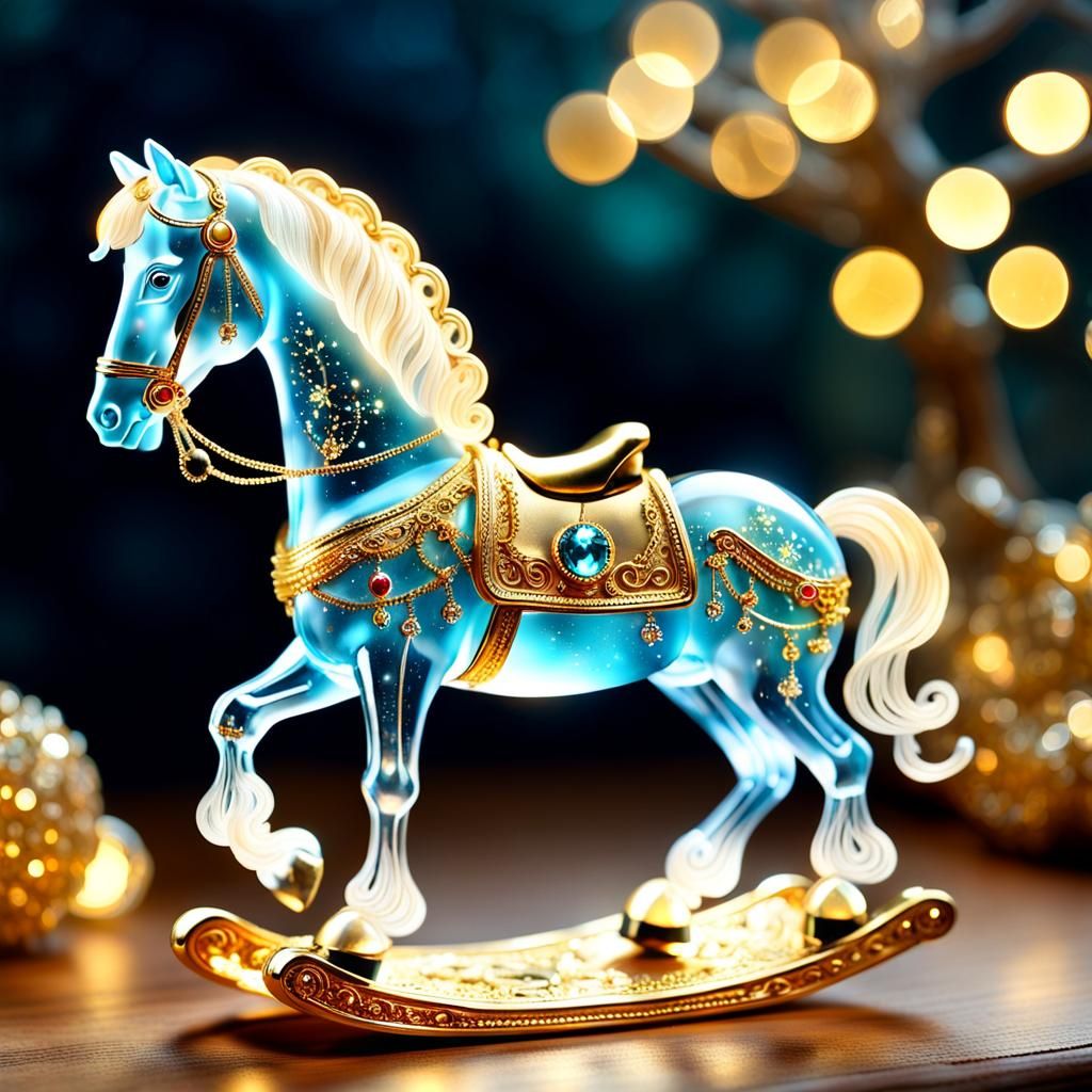 Golden Glass Rocking Horse Figurine, Holographic Art