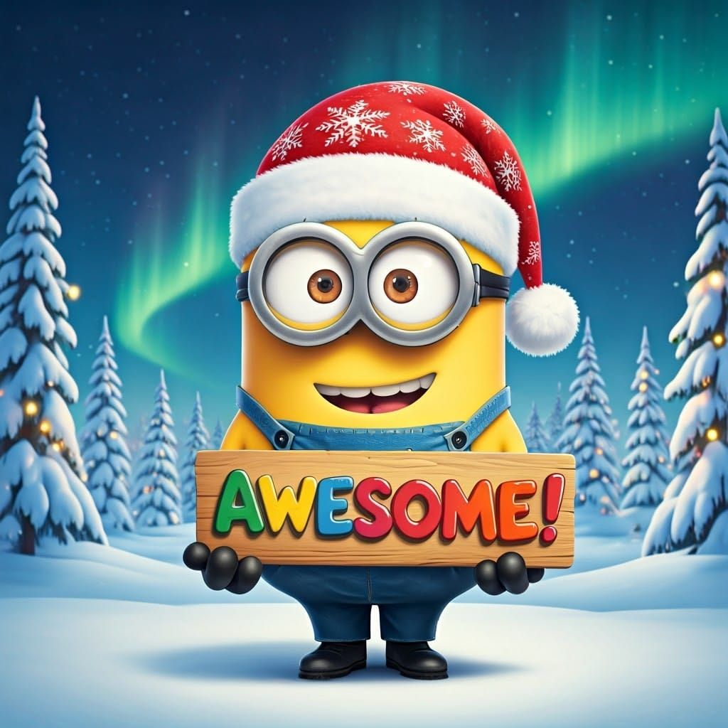 Festive Minion in Winter Wonderland, Cartoon Style