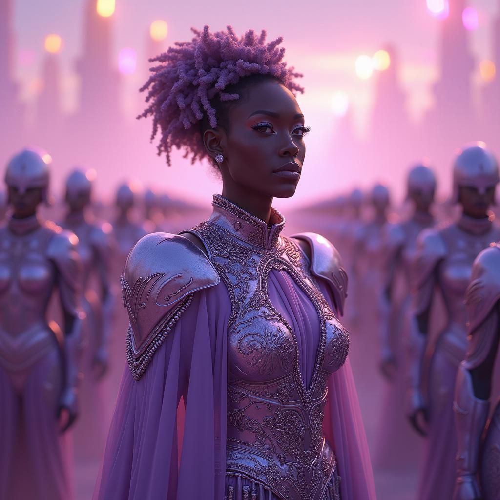 Lavender Goddess in Futuristic Battlefield: Hyperrealistic C...