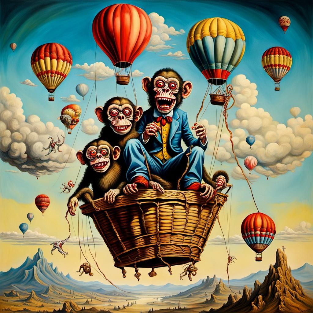 Surreal Zombie Monkey Clowns in Hot Air Balloon