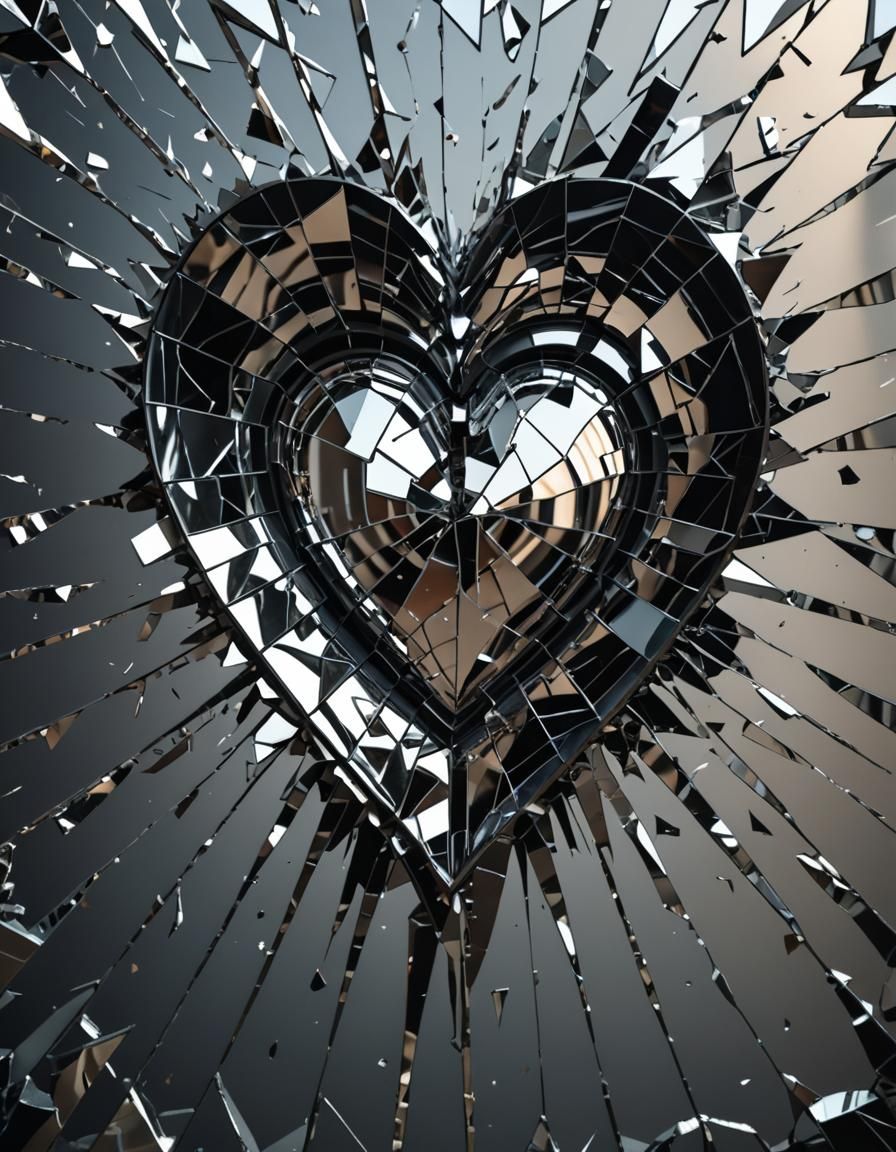 An abstract representation of a broken heart reflecred in the pieces of a shattered  mirror producing a distorted and captivating image. Surr..., image size:896x1152