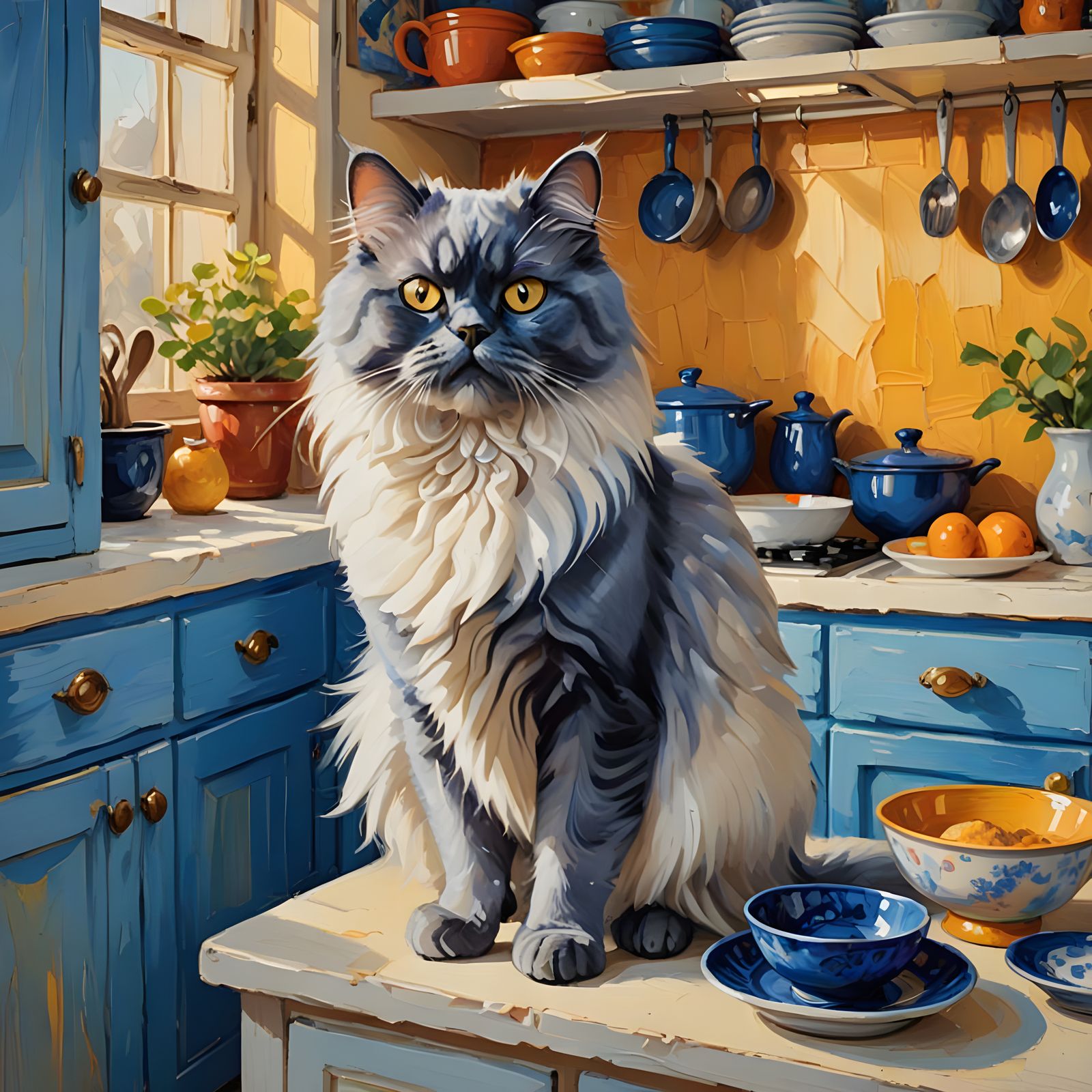 Regal Blue Point Persian Cat Guards Kitchen Dishes