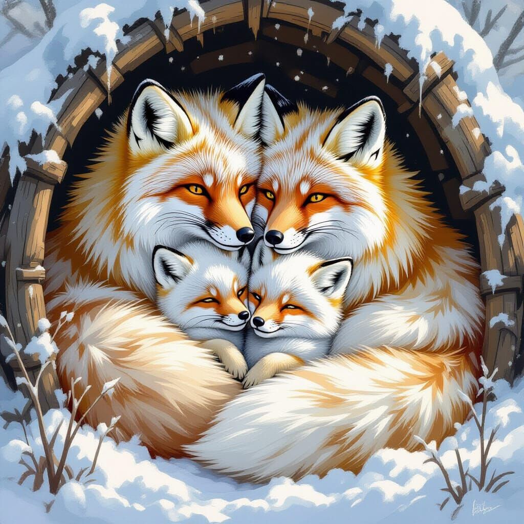 Snow Fox Family in Digital Painting Style