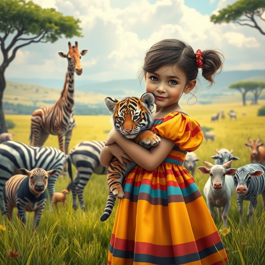 Fantastical Striped Savannah Scene in Whimsical Realism