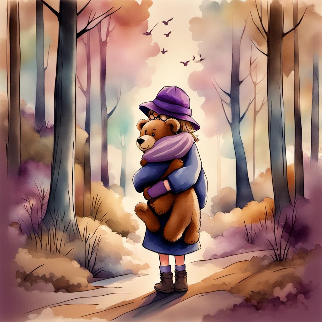 Girl Hugging Teddy Bear in Whimsical Illustration