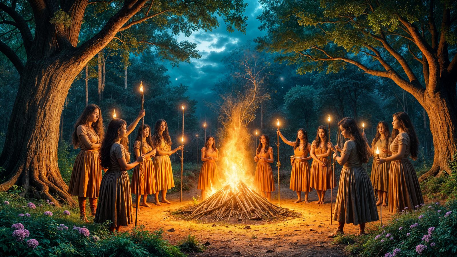 Amazon Warriors Celebrate Beneath Starry Forest Sky