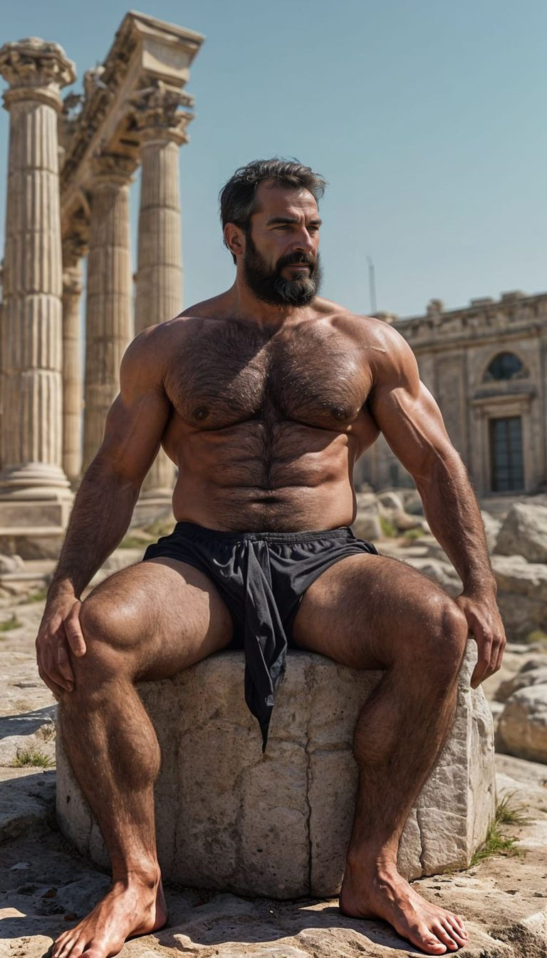 Strong, Hairy Man Poses in Ancient Greek Ruin