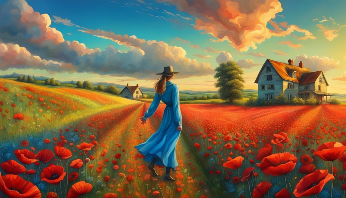 Girl on Path in Poppy Field with Castle