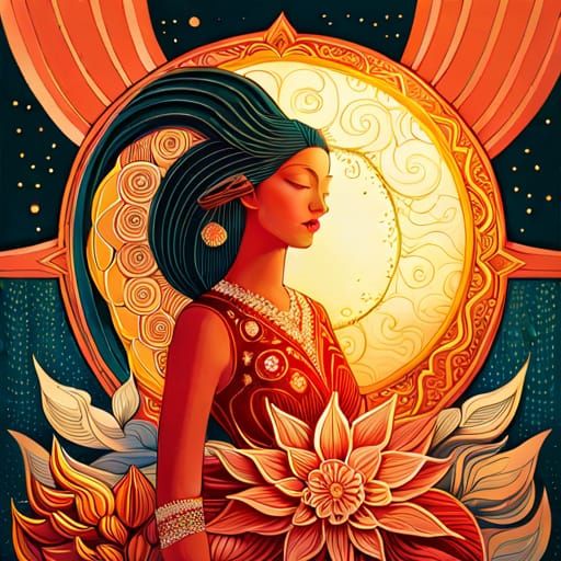 Celestial Dahlia Woman in Surreal Sun and Moon Star
