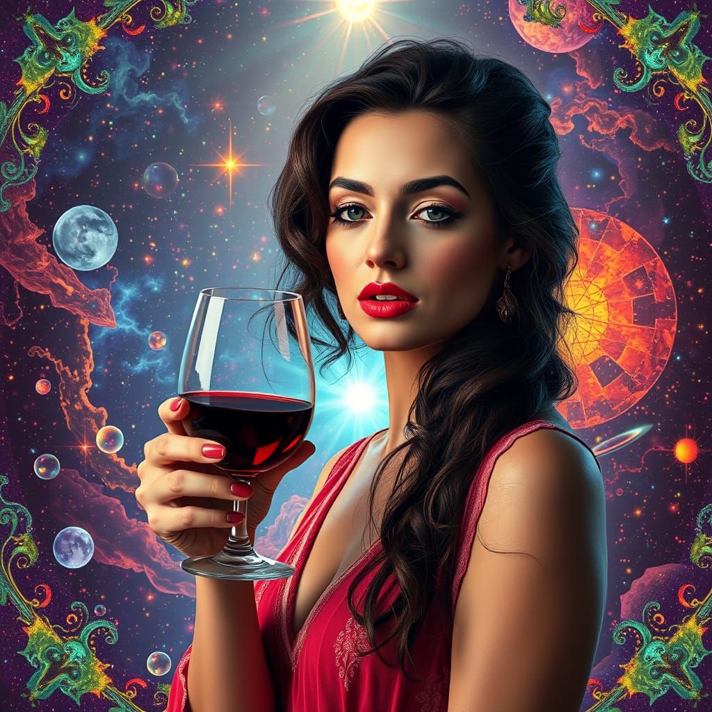 Woman with Wine in Holographic Cosmic Scene