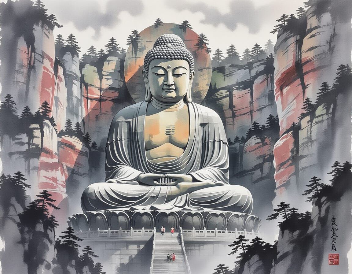 Leshan Buddha in Chinese Watercolor Style
