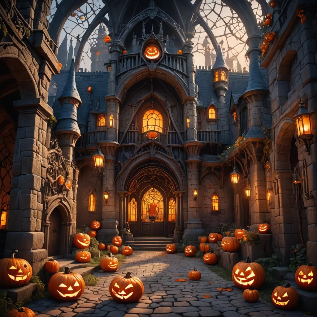 Spooky Castle Interior with Jack-o'-Lanterns, Pixar Style