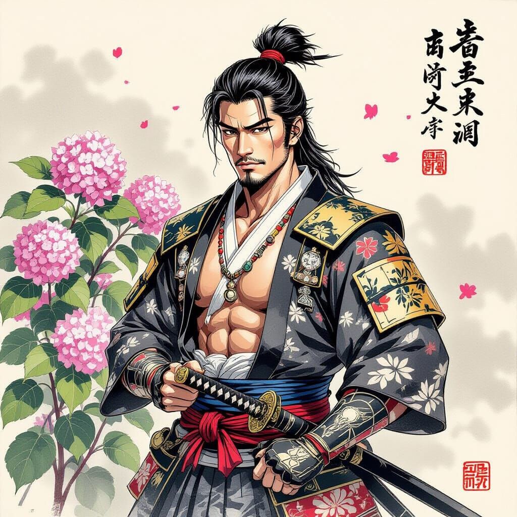 Gorgeous Samurai in Ukiyo-e Style with Hydrangeas