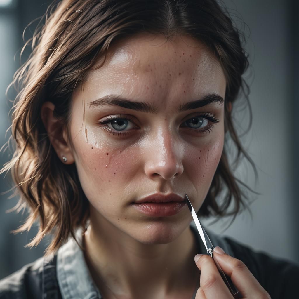 Emotional Girl Portrait with Knife in Hyperrealism Style