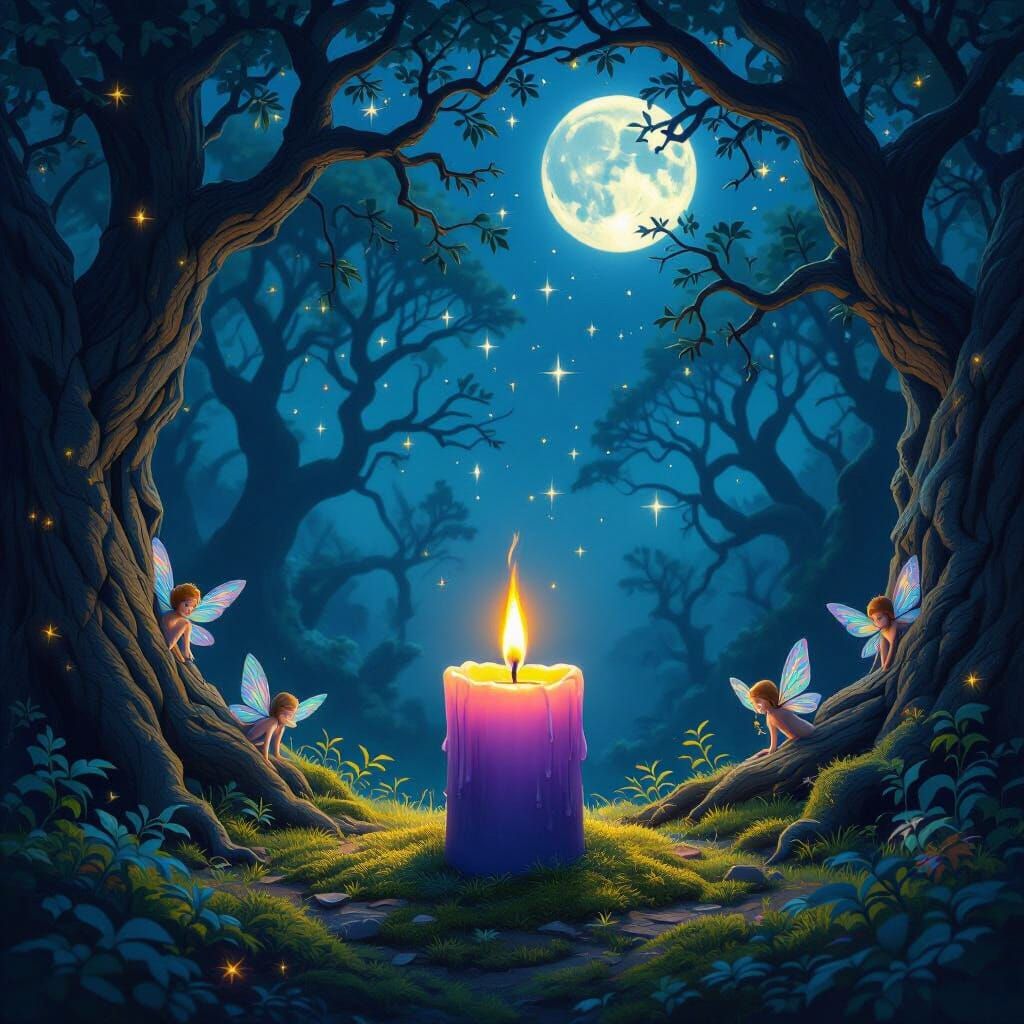 Enchanted Forest Candlelit Scene with Fairies