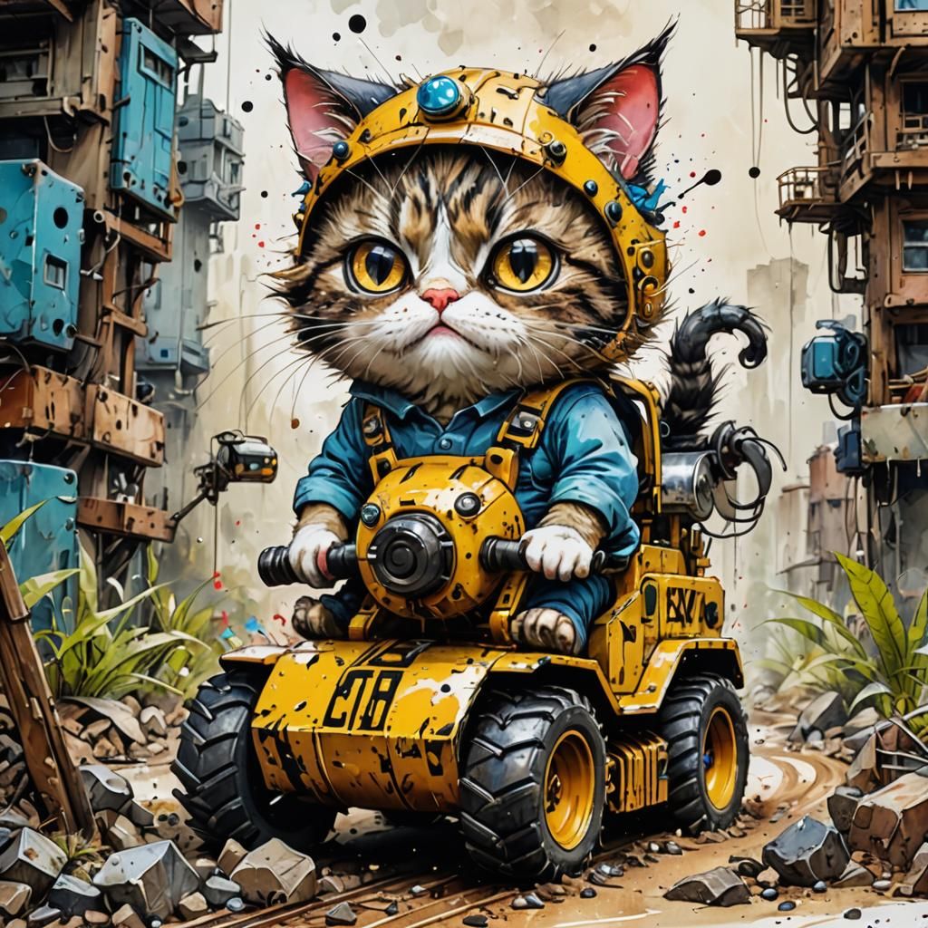 Angry Builder Cat Drives Caterpillar: Chibi Style