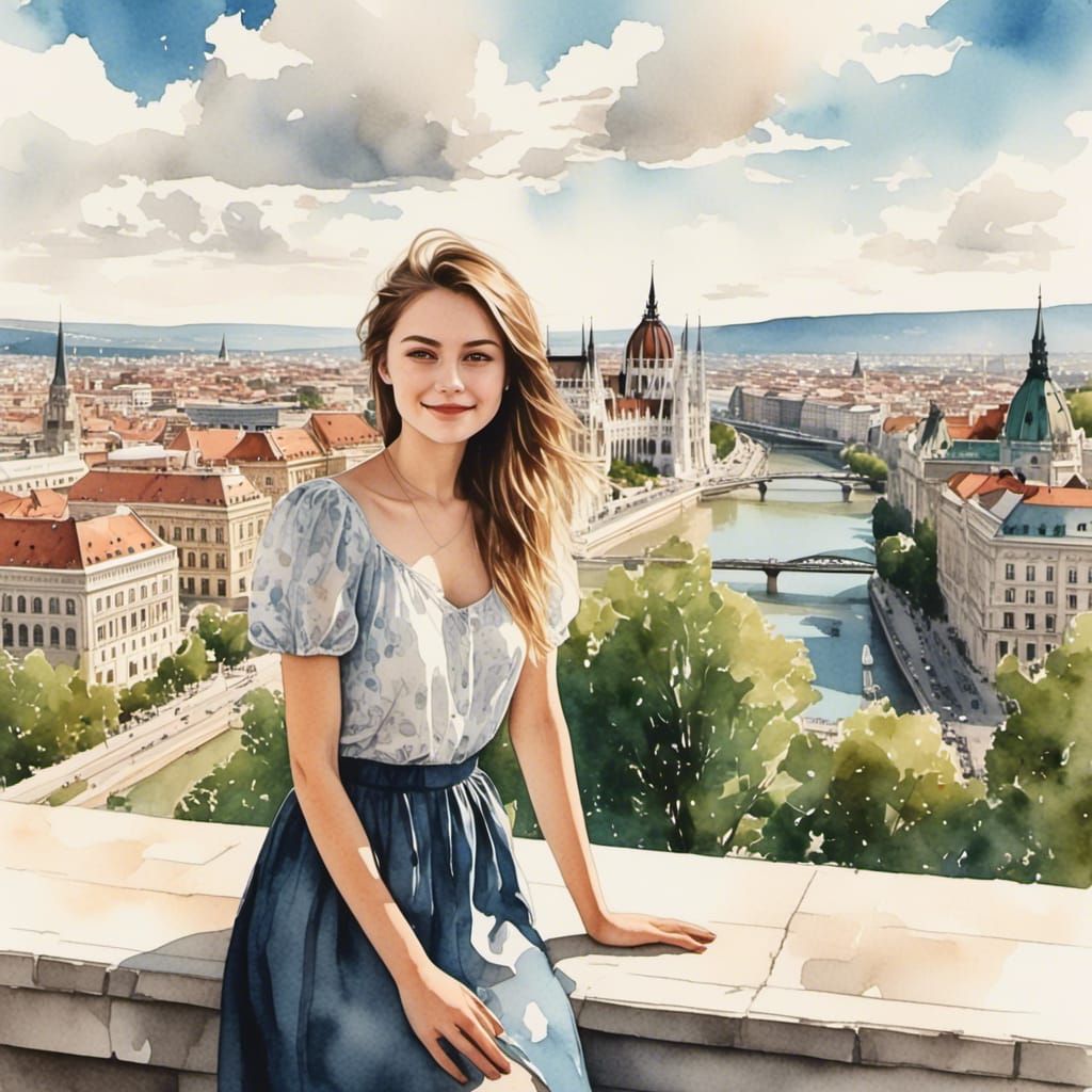 Girl Posing with Budapest Parliament: Watercolor