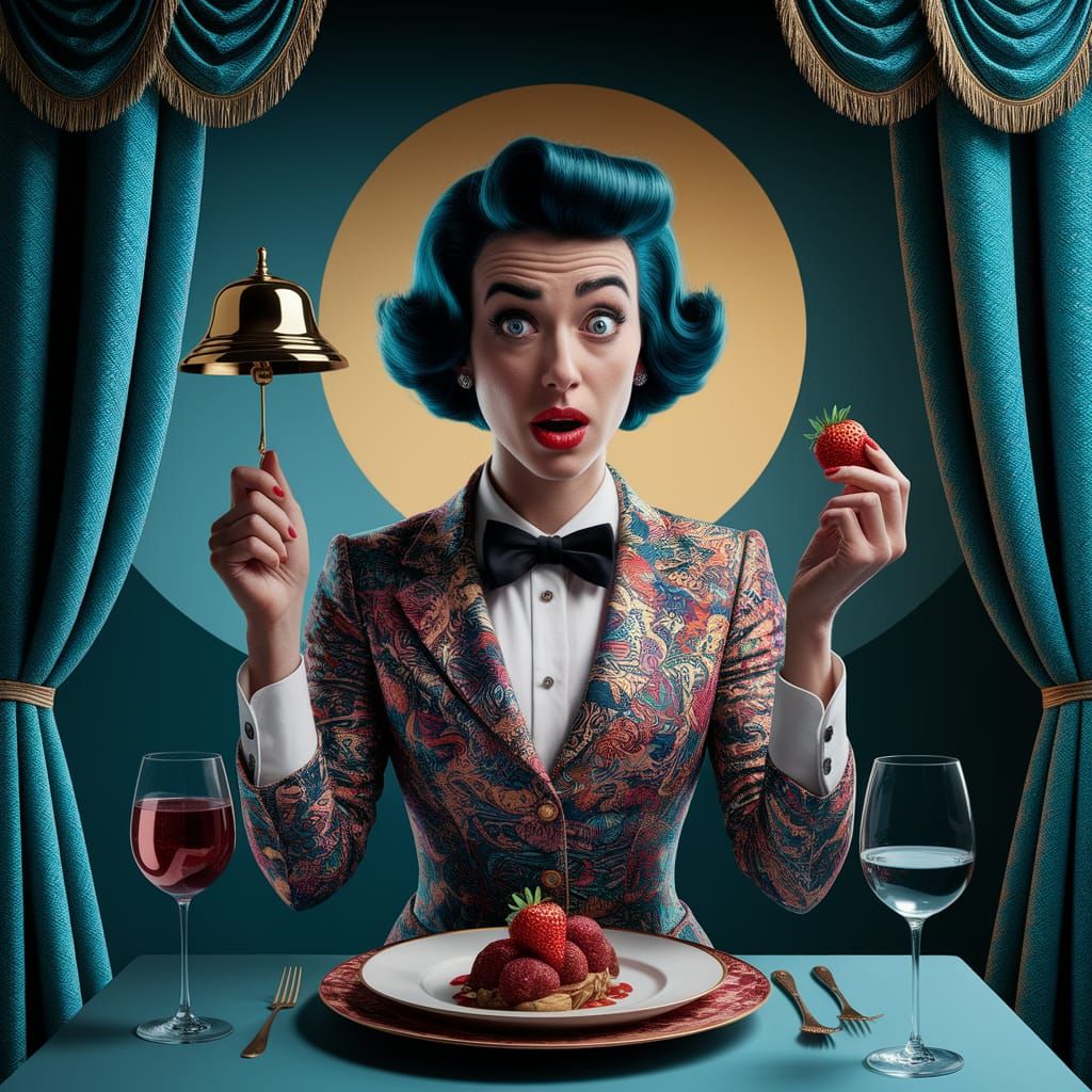 Dazed Woman Holds Dinner Bell and Strawberry