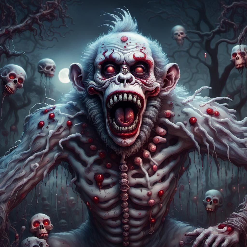 Zombie Monkey Monster Clown in Moonlit Garden