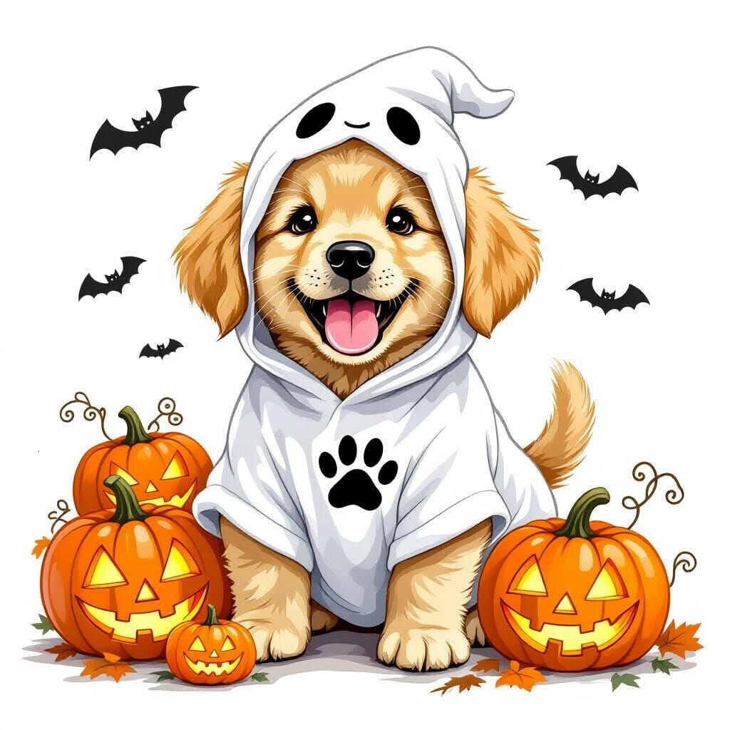 Happy Golden Retriever Puppy Ghost in Halloween Scene