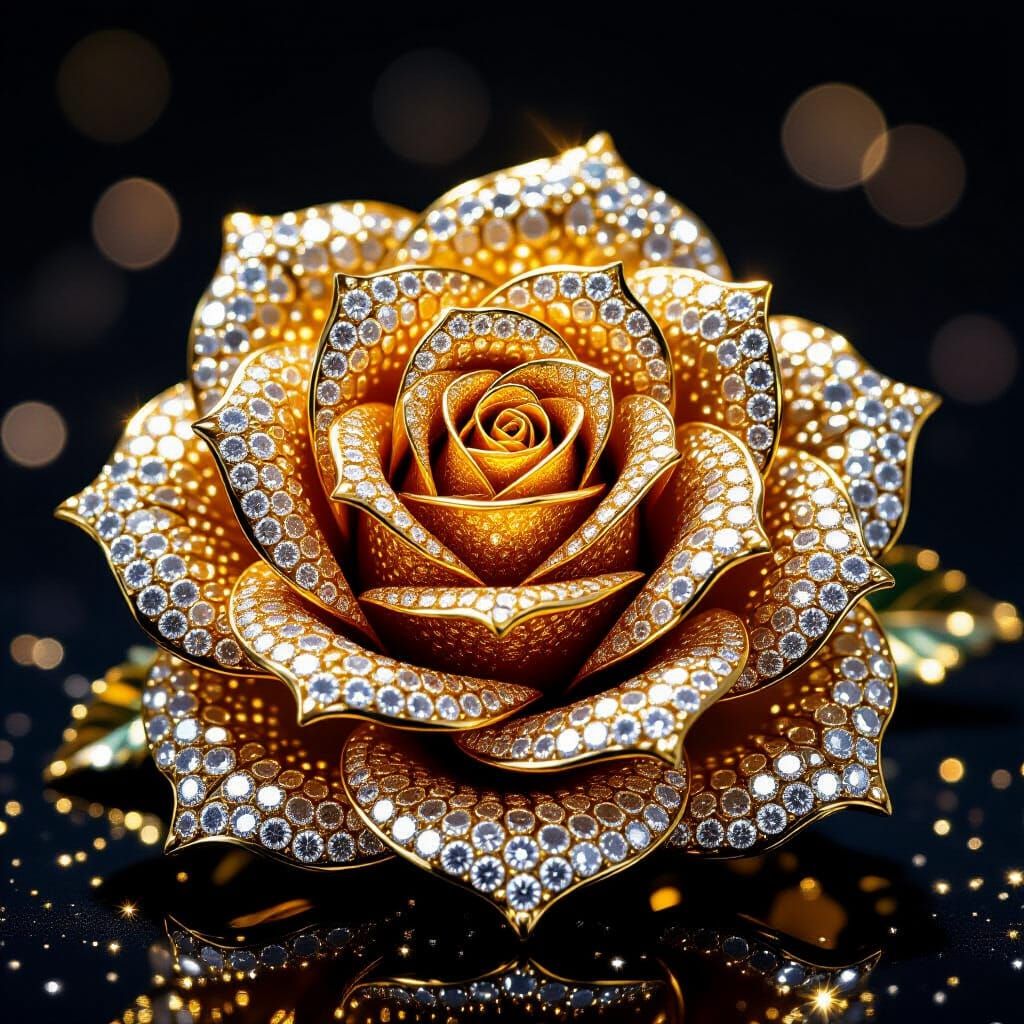 Exquisite Golden Rose Covered in Diamonds, Macro Photograph