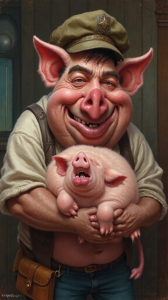 Caricatured Man Holds Pet Hog in Impasto Oil Painting
