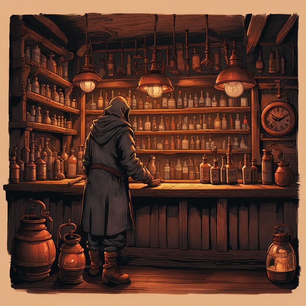Gothic Fantasy Bar Scene with Copper Golem Bartender