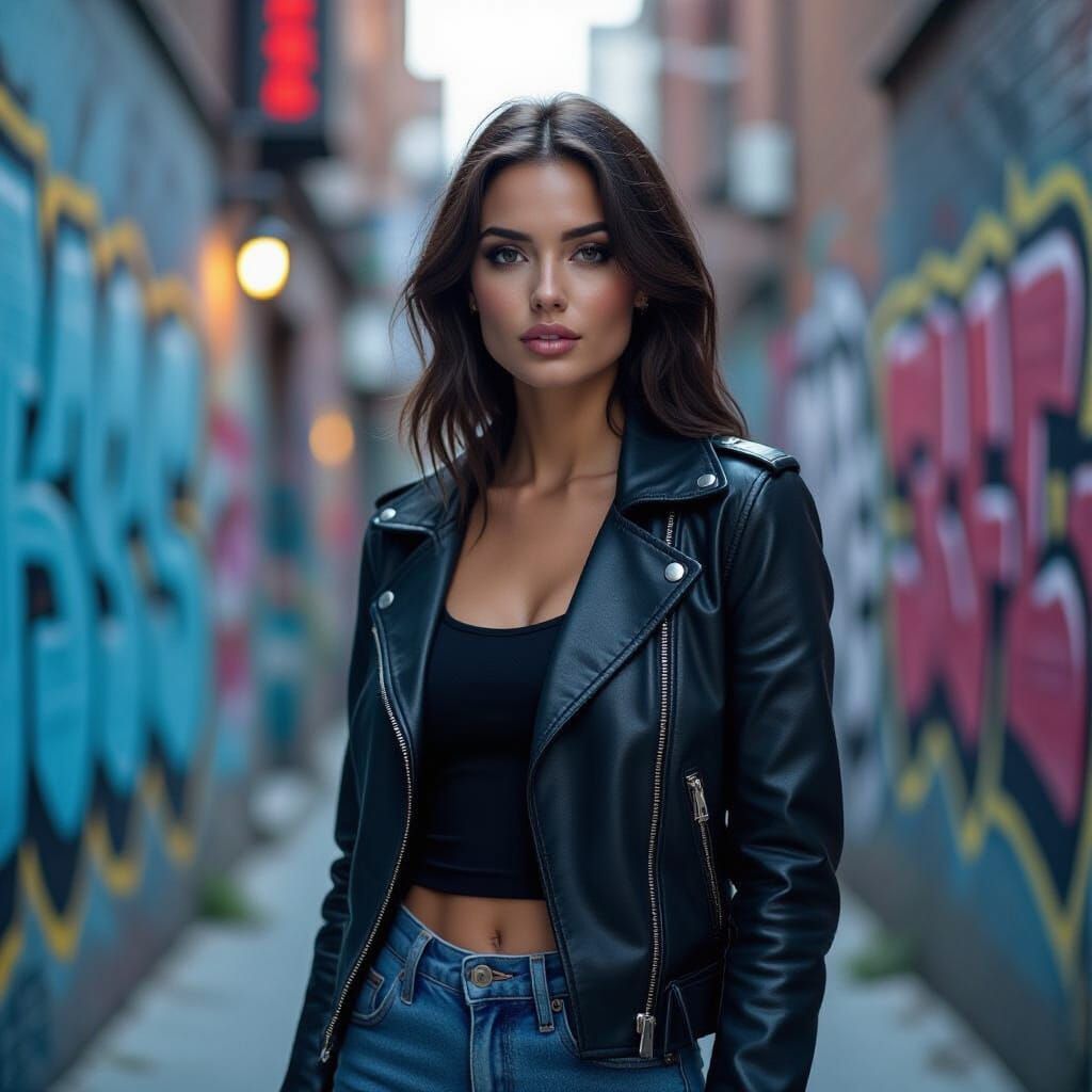 Woman in Leather Jacket Among Graffiti Art